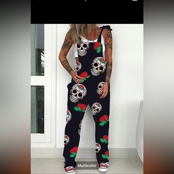 Lightweight skull,overalls with tie shoulders front pocket silky feel for summer - Picture 5 of 8